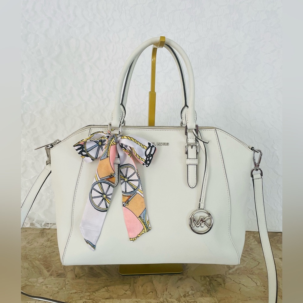 Michael Kors White Satchel with Patterned Scarf